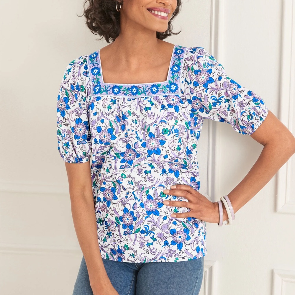 Talbots Square Neck Blouse Lavender/White Womens Sz M Songbird Floral Novelty